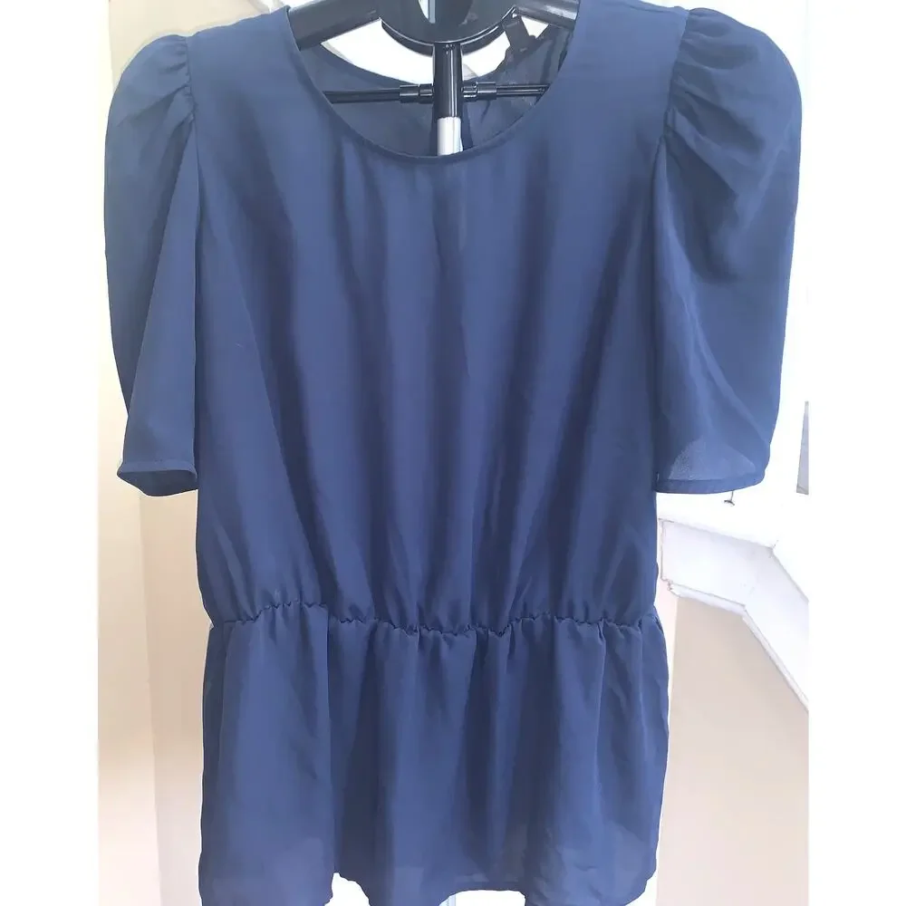 Banana Republic Short Sleeve Blouse Medium Navy Blue Puff Sleeve